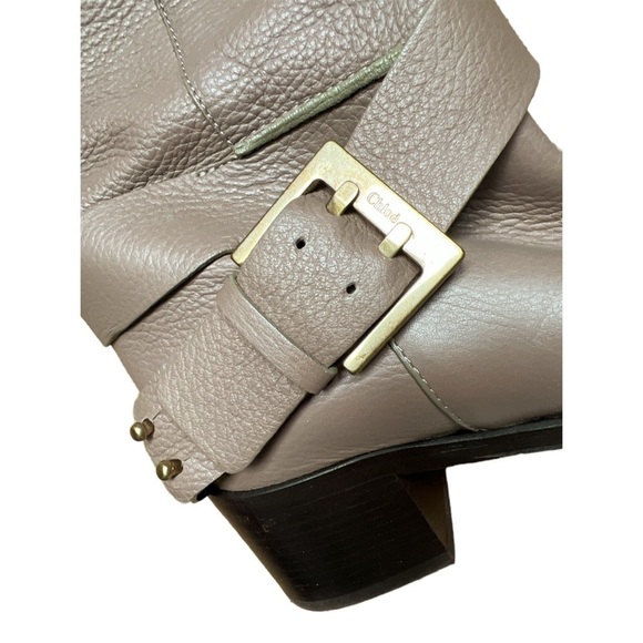 CHLOÉ Leather Mid Calf Ankle Gold Buckle Bikercore Riding Boots Taupe 36.5 - Picture 4 of 8